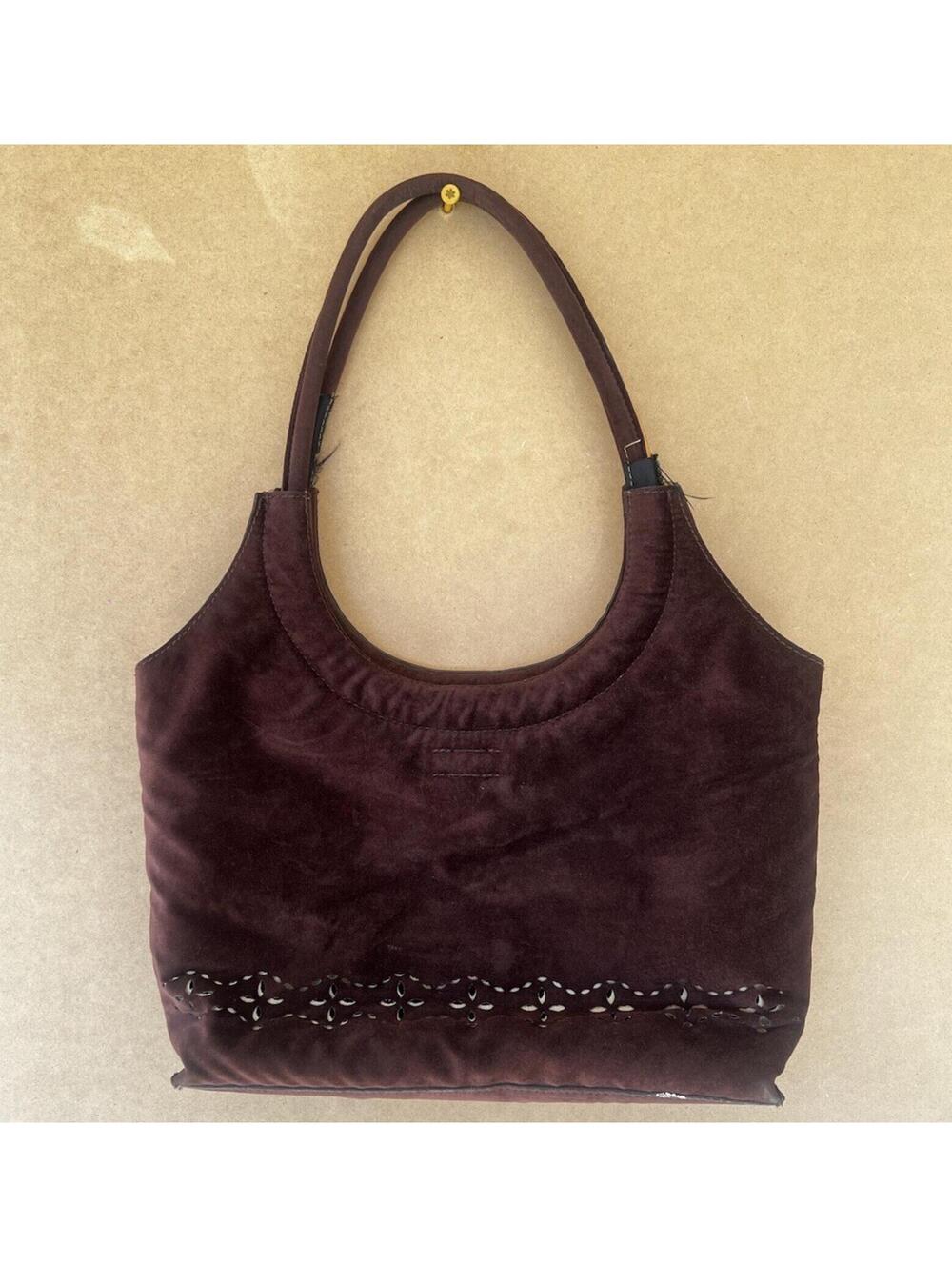 Y2K Vintage Dark Brown Faux Suede Shoulder Bag Hobo Cut-Out Detail Grunge